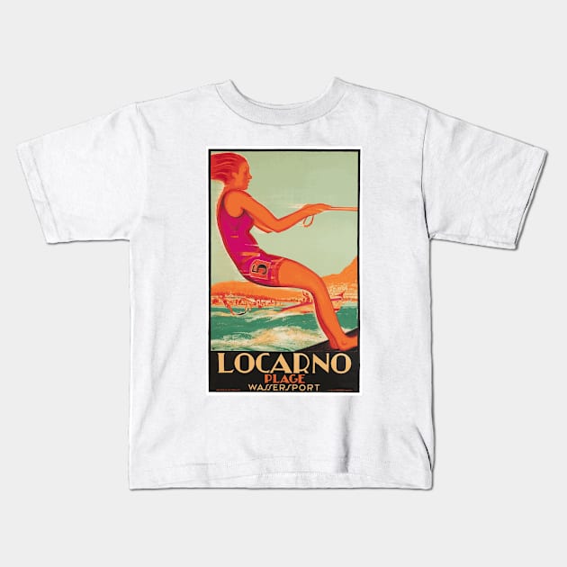 Vintage Travel Poster Design - Locarno, Switzerland - Water Skier Kids T-Shirt by Naves